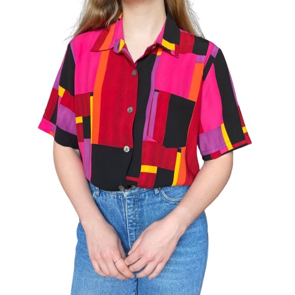 Vintage Tops - Vintage Oversized Bright Colorful Geometric Button Down
